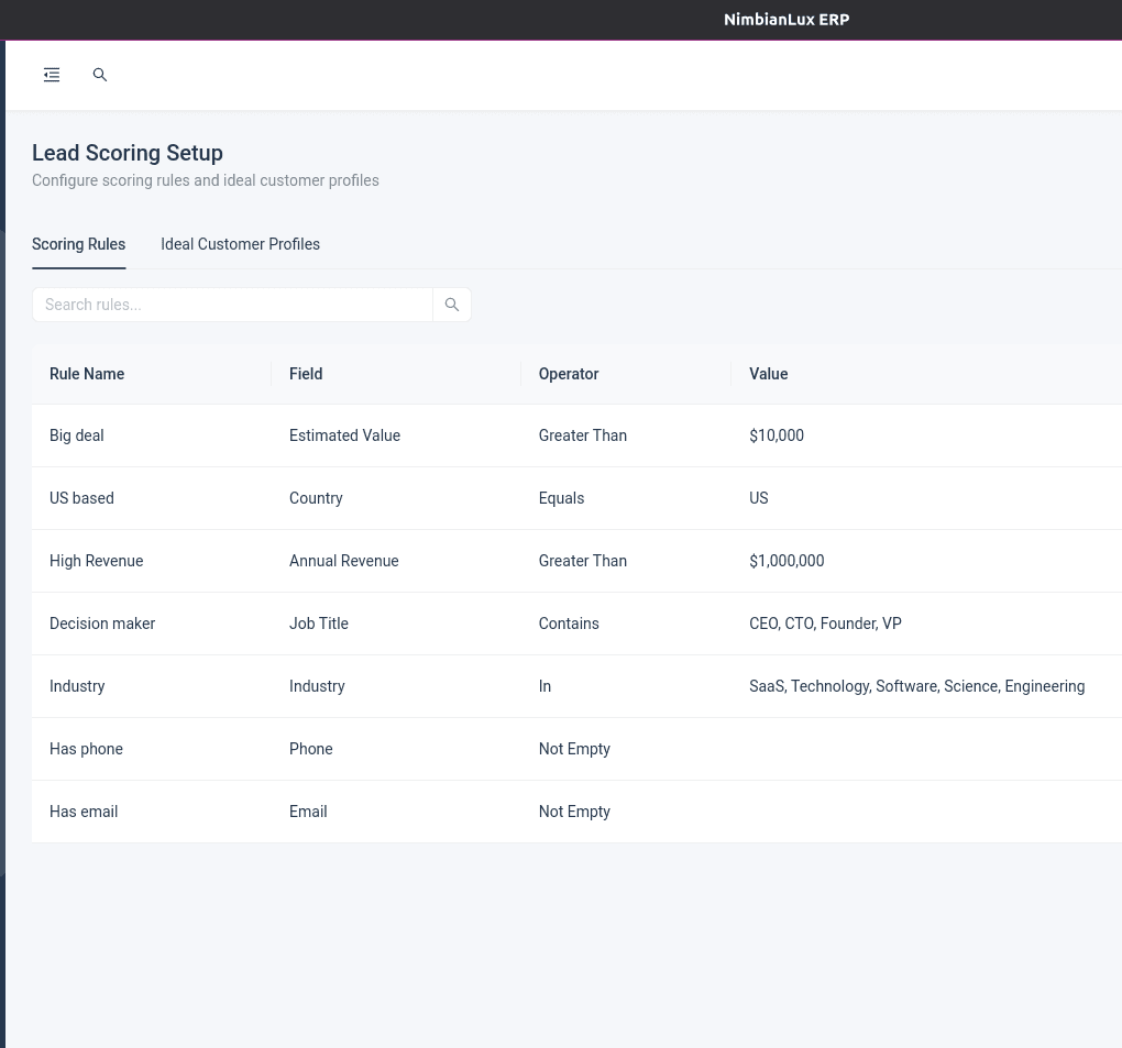 LuxERP — Lead scoring rules setup